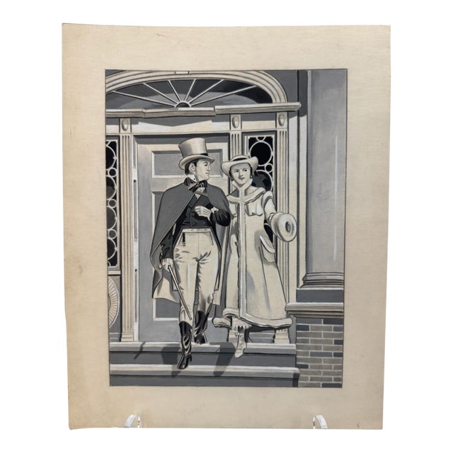 Original Signed Graphite Illustration of Colonial Couple Leaving Townhouse, 11 X 9 In. For Sale