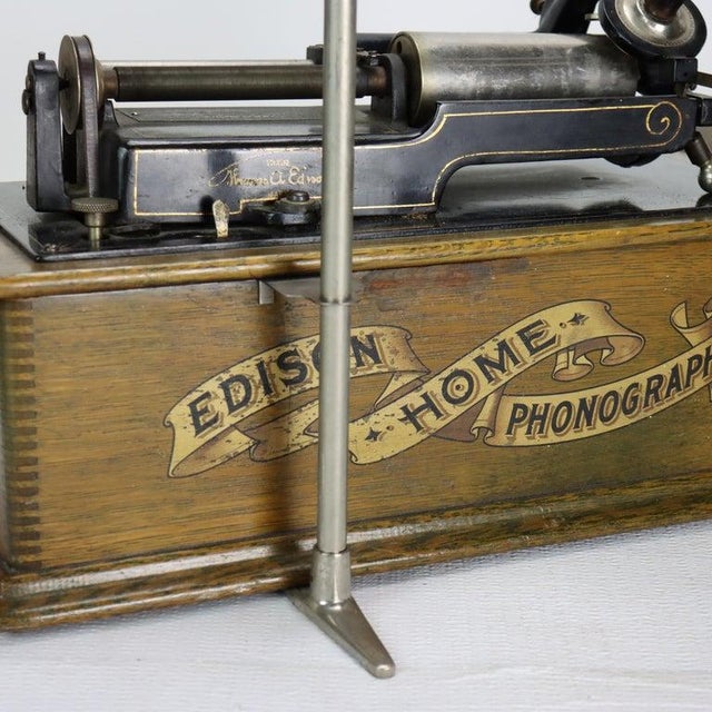 1900 - 1909 Antique Edison Home Oak Phonograph With Metal Horn Signed C1900 For Sale - Image 5 of 14