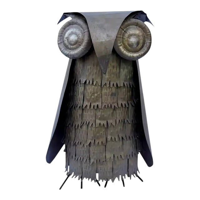 Mid Century Modern Brutalist Metal Owl Sculpture in the Style of Curtis Jere For Sale