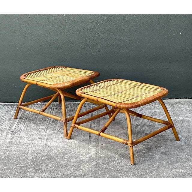 Late 20th Century Vintage Rattan Low Stools - Pair For Sale - Image 5 of 12