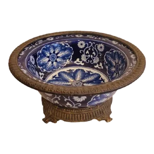 Vintage Bombay Company Large Porcelain Chinoiserie Blue White Brass Rim Decorative Bowl