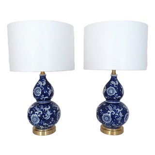 Pair of Cobalt Blue & White Table Lamps Double Gourd Shape For Sale