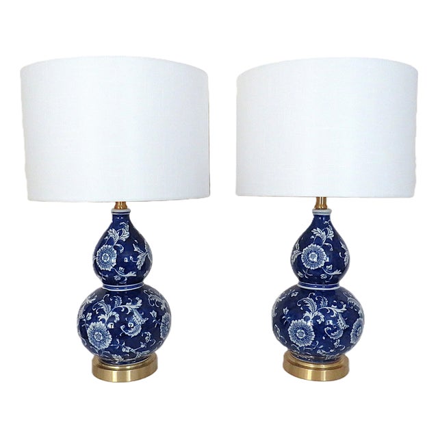Pair of Cobalt Blue & White Table Lamps Double Gourd Shape For Sale