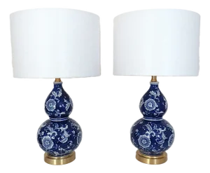 Pair of Cobalt Blue & White Table Lamps Double Gourd Shape