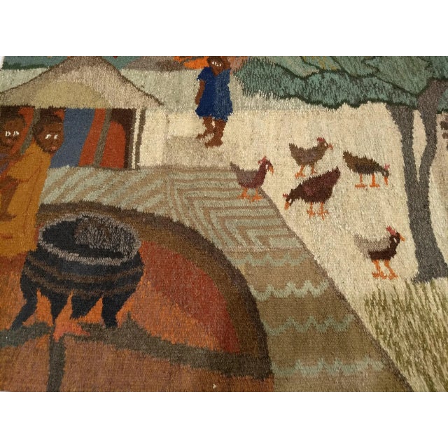 Vintage African Tapestry, Handwoven Wool, Village Life Scenes, Ivory & Blue, 4x5 For Sale - Image 10 of 10
