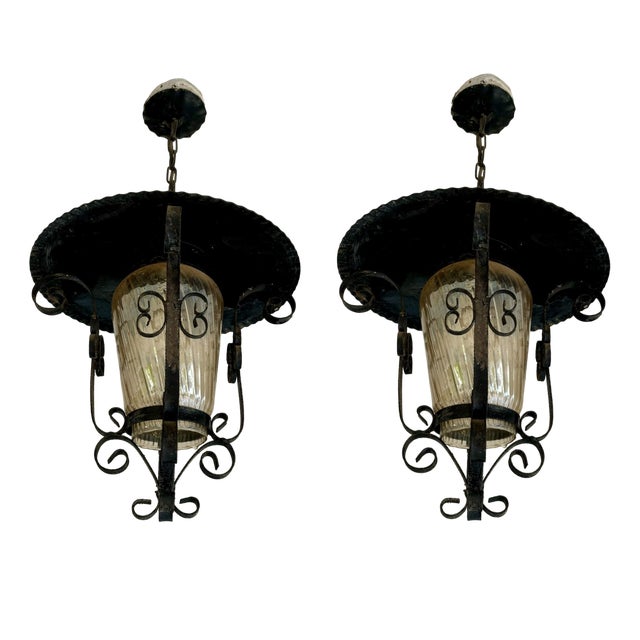 French Iron and Tole Glass-Paneled Lantern, 1970s, Set of 2 For Sale