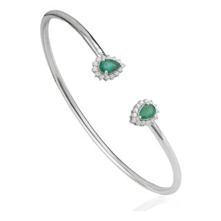 Handcrafted Natural Emerald & Diamond Halo Adjustable Open Cuff Bracelet - Gift for Her For Sale