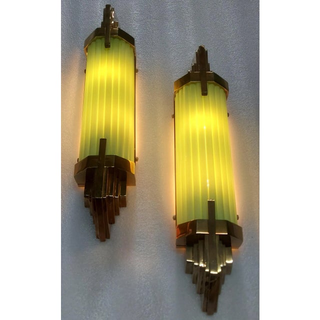 Pair Vintage 1940s Skyscraper Art Deco Wall Sconces Fixture Brass & Opaline Green Glass Rod Ship Light For Sale - Image 4 of 6