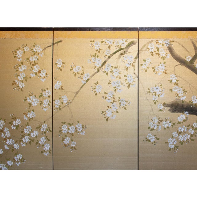 1950-1960s Shōwa Era Japanese Painted Silk Byobu Screen "Blossoming Sakura" For Sale In Dallas - Image 6 of 18