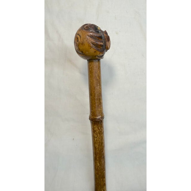 Folk Art Antique 19th Century Hand Carved Folk Art Bull Dog Walking Stick Cane Sculpture For Sale - Image 3 of 10