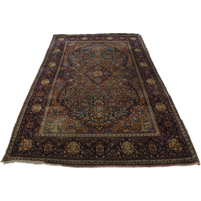 Rustic Antique Persian Kashan Ateshoglou Rug - 04'03 X 06'06 For Sale - Image 3 of 9