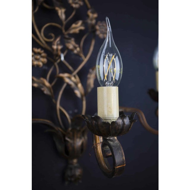 Pair of five-arm wall lamps. Patinated metal. Fully functional with copper wiring - everything checked and fully...