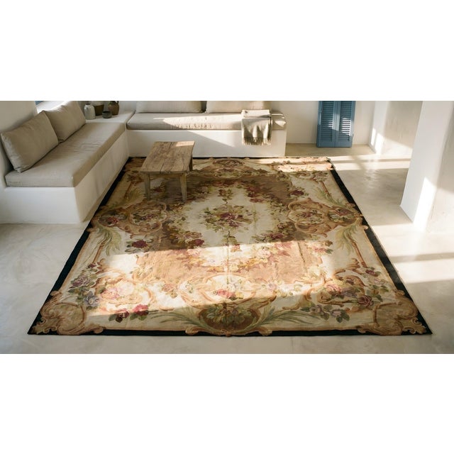 1870s Brown Floral Medallion Antique French Aubusson Napoleon III Carpet 11' X 13' 7" Flatweave Wool Rug For Sale - Image 10 of 12