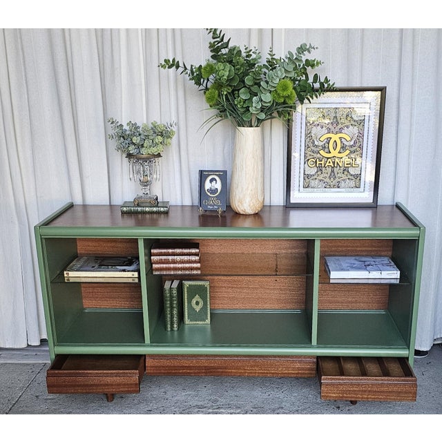 Green 1950s Mid Century Modern Sideboard Credenza, Display Cabinet, by John Keal for Brown Saltman, Circa 1950's For Sale - Image 8 of 18