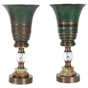 Art Deco Skyscraper Urn Form Patinated Bronze, Brass & Marble Uplights - a Pair