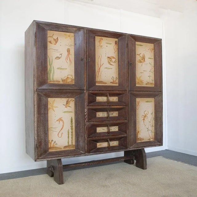 Cabinet in Beech Wood with Three Lockable Doors and Four Drawers attributed to Paolo Buffa, 1950s, in Good conditions....