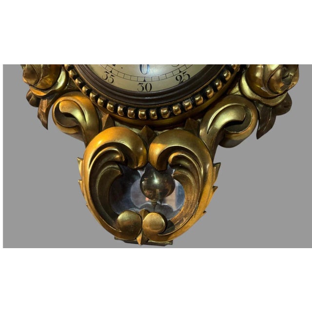 1950s Vintage Ornate Giltwood Decorated Wall Hanging Sweden Clock For Sale - Image 5 of 12