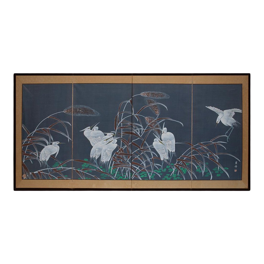 Circa 1950s Vintage Chinese Silk Screen With Egrets In A Pond Chairish
