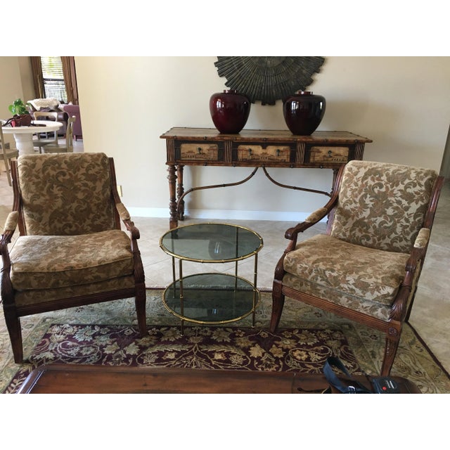 Faux Bamboo console table with a painted design of the forbidden city of China. Beautifully crafted with three drawers &...