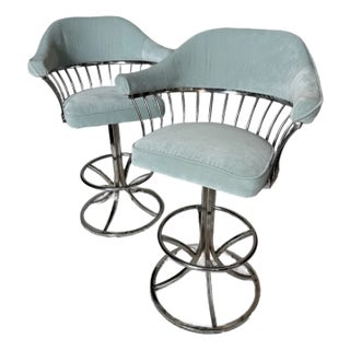 Vintage 1970s Mid Century MCM Tulip Style Chrome Swivel Bar Stools For Sale