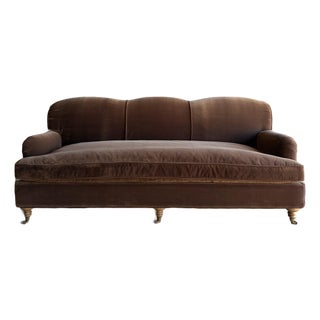 Modern English Sofa in Chestnut Brown in Faux Velvet Mohair With Down Cushion For Sale