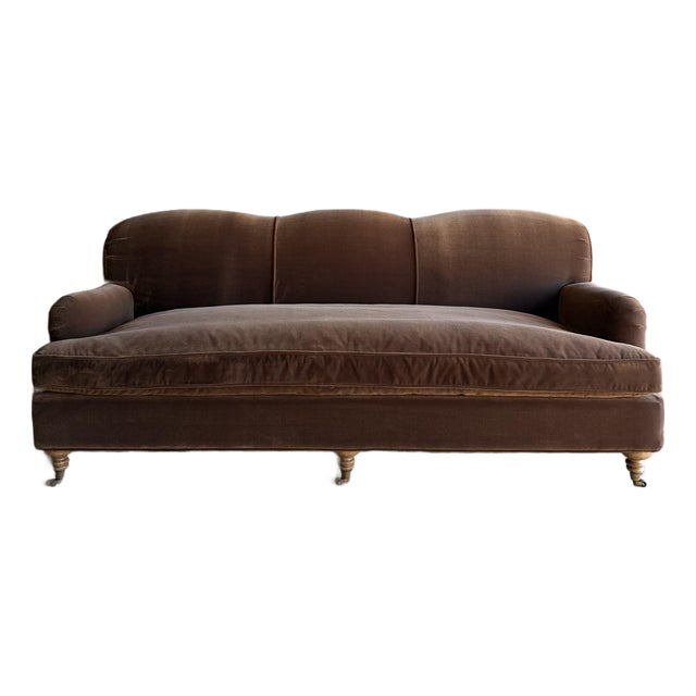 Modern English Sofa in Chestnut Brown in Faux Velvet Mohair With Down Cushion For Sale