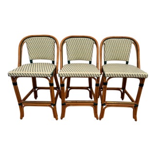 Set of 3 Rattan and Woven Vinyl Bistro Stools by Glac Seat - Soft White and Hunter Green For Sale