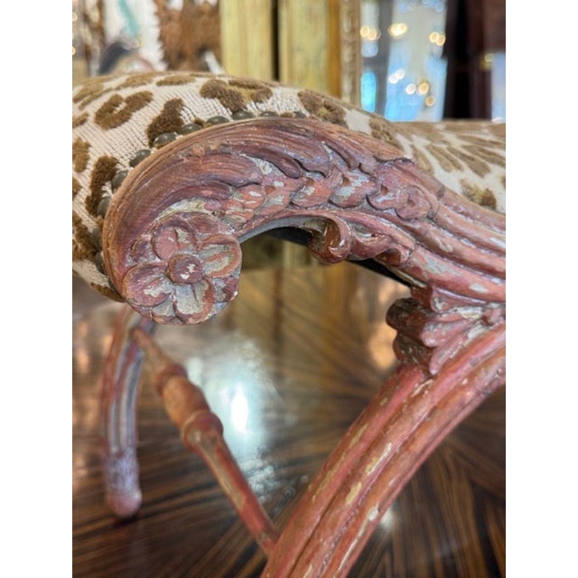 19th Century Carved Polychrome Bench With Scalamandre Fabric For Sale - Image 4 of 6