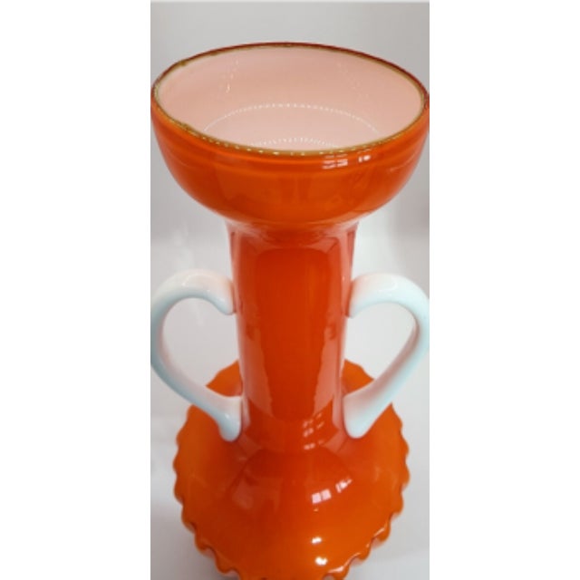 Stunning Vintage Empoli Cased Glass Vase, Applied White Glass Handles For Sale - Image 9 of 11