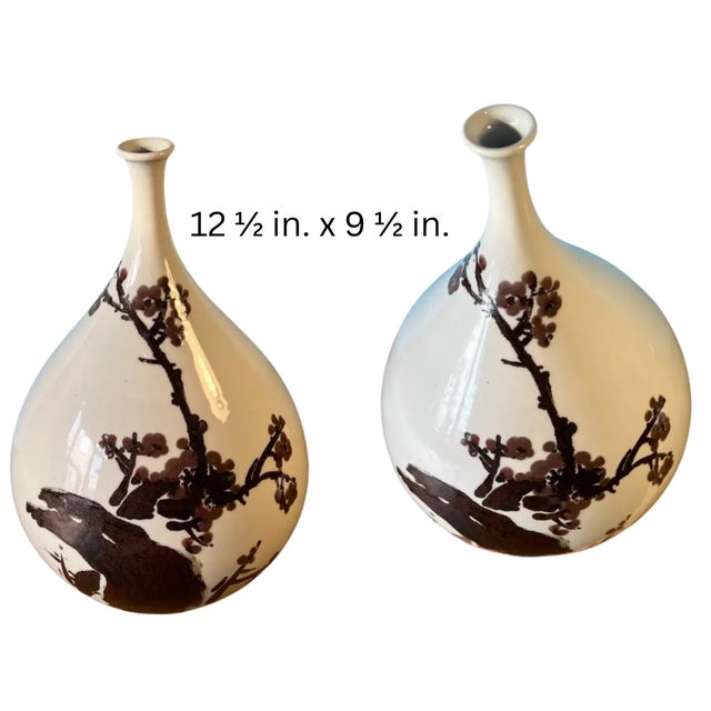 Mid-Century Asian White Pottery Bottle Vase With Brown Plum Blossoms For Sale - Image 17 of 17