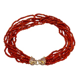 Vintage Natural Coral Multi Layer Bead Necklace 14 KY Gold, Diamond & Ruby Clasp For Sale