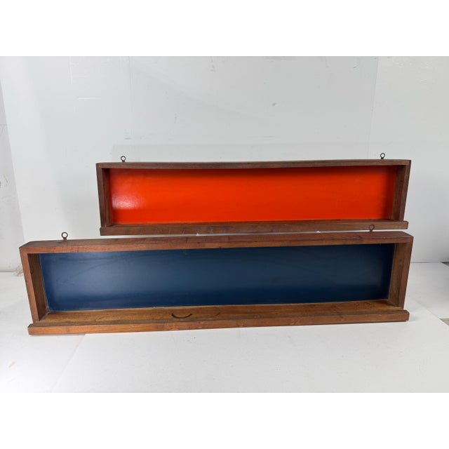 Mid-Century Modern MCM 1950s Cabin Modern Architect Pair of MCM Walnut Wall Shelf Spice Rack in Orange+Blue Background Panels For Sale - Image 3 of 7