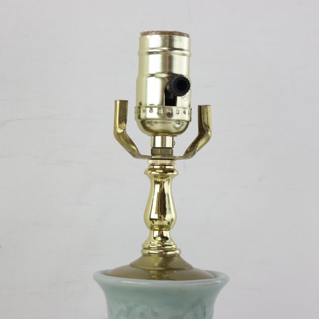 Pair of Vintage Celadon Green Porcelain Table Lamps Incised Floral Motif With Rosewood Bases For Sale - Image 9 of 16