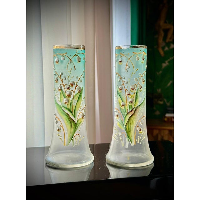 Green Art Nouveau Satin Glass Lily of the Valley Vases from Legras, 1890s, Set of 2 For Sale - Image 8 of 17