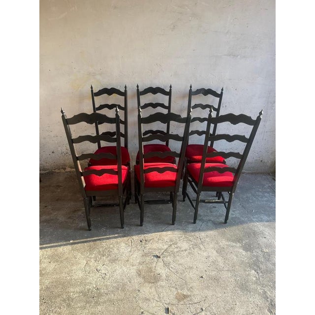 High-Back Dining Chairs in Black Wood and Red Velvet, Set of 6 For Sale - Image 4 of 11