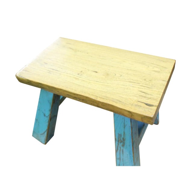 Raw Wood Top Finish Blue Legs Rectangular Short Stool Table For Sale - Image 4 of 7