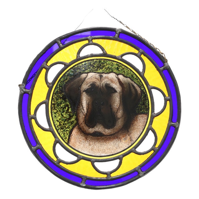 Art Deco Stained Glass Roundel Depicting with English Mastiff Dog, 1890s For Sale