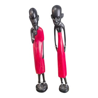 African Figural Couple Carved Painted Wood Tribal Maasi Statuettes For Sale