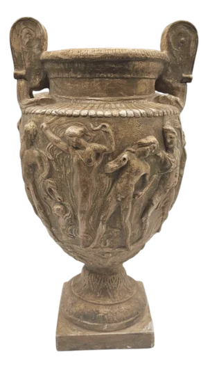 Greek Roman Neoclassical Cast Plaster Urn With Bacchanal Relief and Twin Scroll Handles