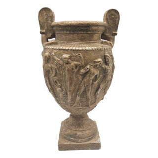 Greek Roman Neoclassical Cast Stone Urn With Bacchanal Relief and Twin Scroll Handles For Sale