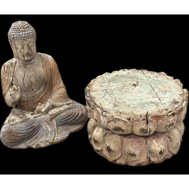 Late 19th Century Antique Chinese Polychrome Wood Buddha on Double Lotus Base Large 42” For Sale - Image 5 of 10