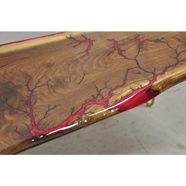 Wood Live Edge Black Walnut Surfboard Coffee Table Red Resin Lacquer Hairpin Legs For Sale - Image 7 of 11