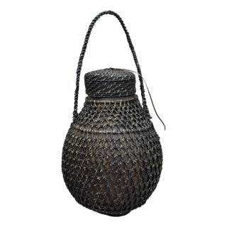 Vintage Woven Basket Covered Gourd With Lid For Sale