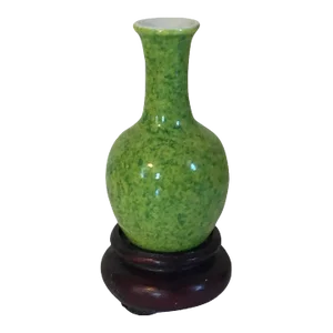 Small Antique Late 19th Century Chinese Monochrome Green Vase on Carved Wood Stand