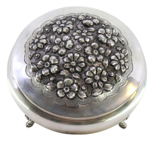 Round Silver Candy Box with Floral Reliefs