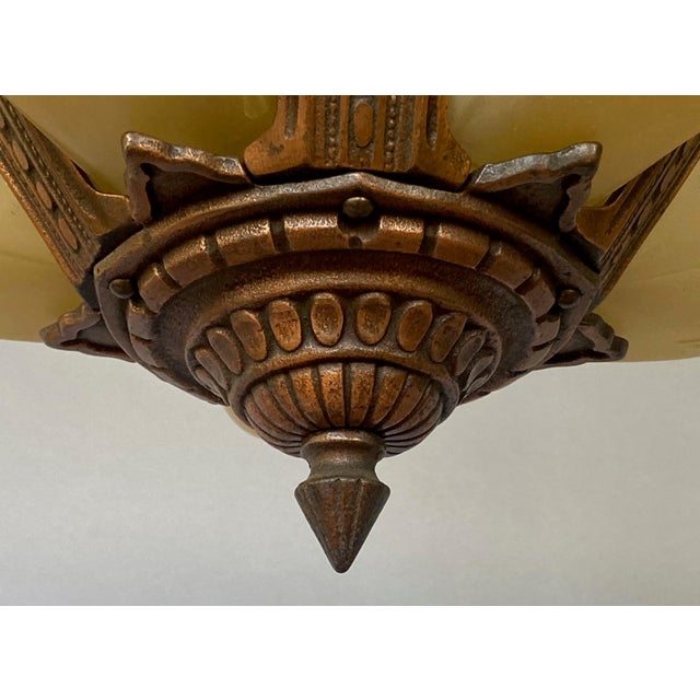 1930s 1930s Puritan 5-Light Flush Mount Copper-Plate Art Deco Chandelier, Slip Shades For Sale - Image 5 of 8