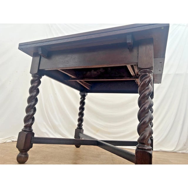 Antique Expanding Pub Kitchen Table Barley Twist Legs Quarter Sawed Dark Oak For Sale - Image 11 of 12