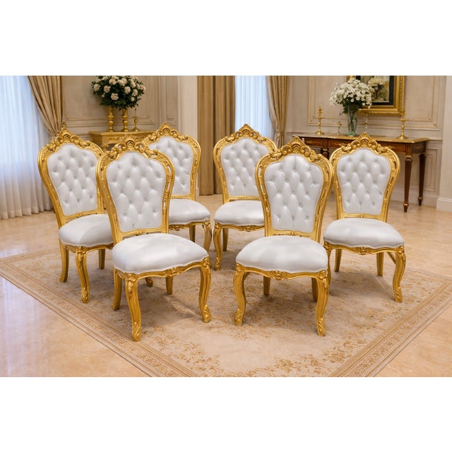 Late 20c Italian Baroque White Gold Beech Dining Set 7Pc For Sale - Image 10 of 13