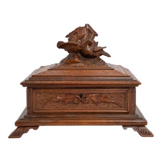 19th Century Black Forest Carved Wood Casket With Birds For Sale