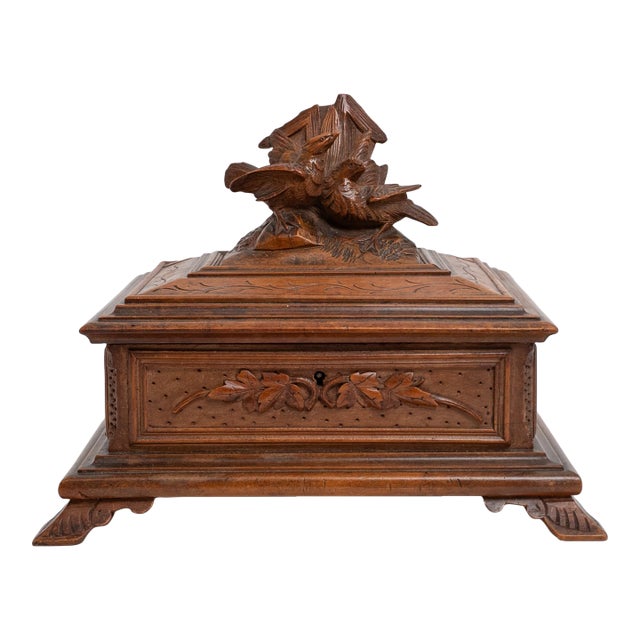 19th Century Black Forest Carved Wood Casket With Birds For Sale